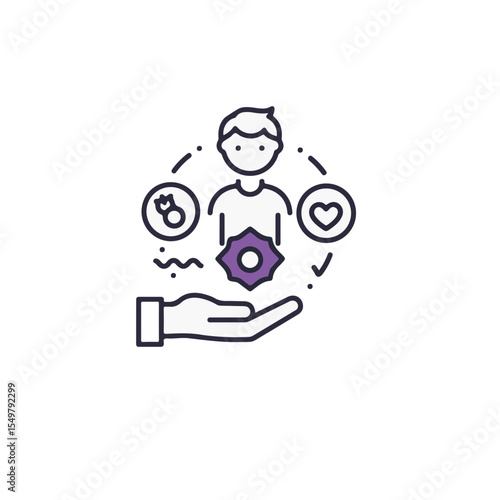 An illustration shows a person is at the center of several important life events and milestones, with a hand symbol signifying support and guidance.