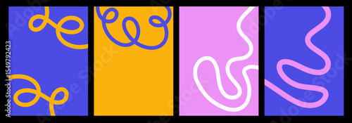 Abstract playful minimalistic background with wavy line. Banner with organic curvy curly stripe. Wave line art in flat style. Blue and pink colors