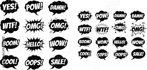 Comic Style Speech Bubbles with Expressions Like Yes, Boom, and OMG Set