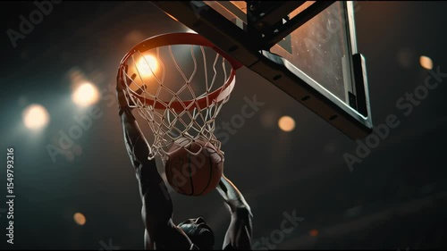 In a thrilling moment during a national basketball game, a player soars towards the hoop and executes an impressive slam dunk. The crowd erupts in excitement as lights flicker above