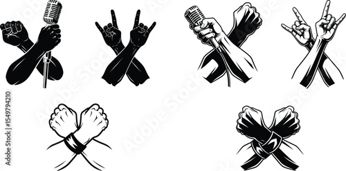 Crossed Arms with Fists, Metal Sign, and Microphone Illustrations for Music Related Designs