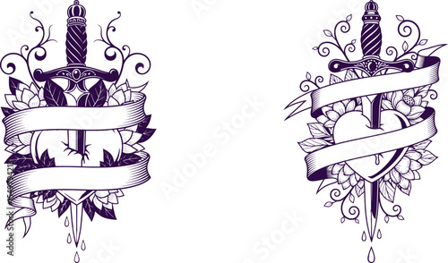 Dagger Through Heart Emblems with Banner, Floral Elements for Tattoo Design