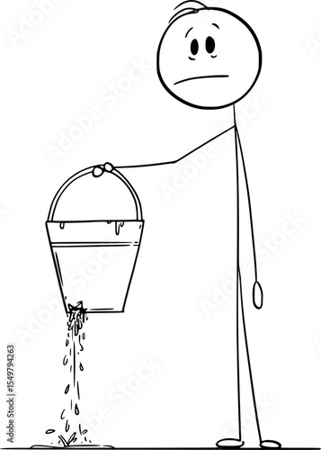 Person holding leaky bucket, loosing water , vector cartoon stick figure or character illustration.