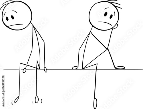 Two sad men or person sitting, vector cartoon stick figure or character illustration.