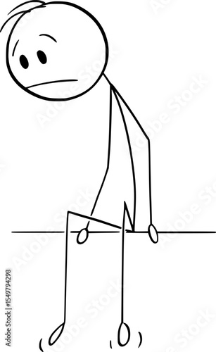 Sad or frustrated person sitting and looking down, vector cartoon stick figure or character illustration.