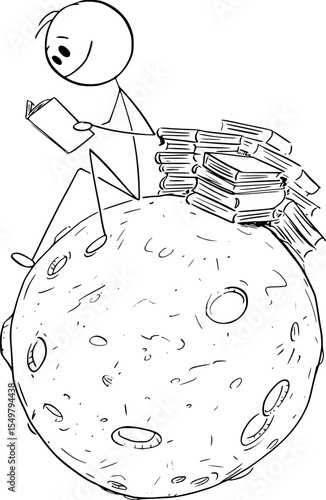 Person enjoying reading book undisturbed on small calm planet , vector cartoon stick figure or character illustration.