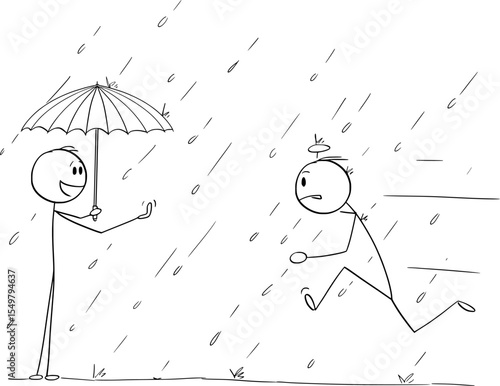 Helpful person with umbrella offers help or protection, vector cartoon stick figure or character illustration.