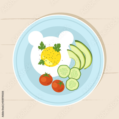 Delicious and healthy breakfast. Fried egg with vegetables and with greens. Vector illustration appetizing breakfast. Healthy and proper nutrition.
