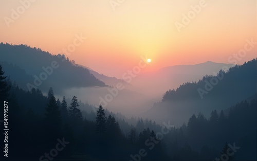 Misty mountain forest sunrise; peaceful nature scene; ideal for travel, nature, or serenity themes. High quality