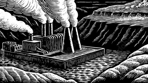 geothermal energy plant with vents, steam clouds, and volcanic terrain, a black and white sketch vector hand drawn