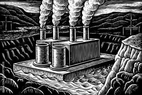 geothermal energy plant with vents, steam clouds, and volcanic terrain, a black and white sketch vector hand drawn