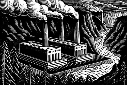 geothermal energy plant with vents, steam clouds, and volcanic terrain, a black and white sketch vector hand drawn