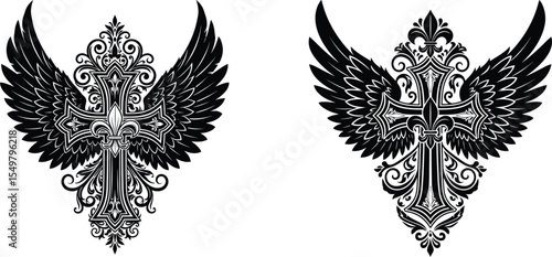 Detailed Christian Cross with Wings Ornate Design Elements for Print and Digital Projects