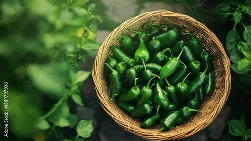 Bountiful green chili basket amidst lush foliage in sunlit garden scene