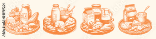 Orange Cheese Platter with Milk Packet Vector Bundle – Halftone Stipple Dotted Style Food Illustration Design for Retro Poster, Vintage Ad, Pop Art Menu, Restaurant Print Project