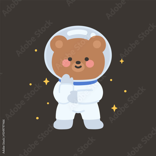Cute Bear Astronaut in Shy Pose with Hands on Cheeks in Starry Space