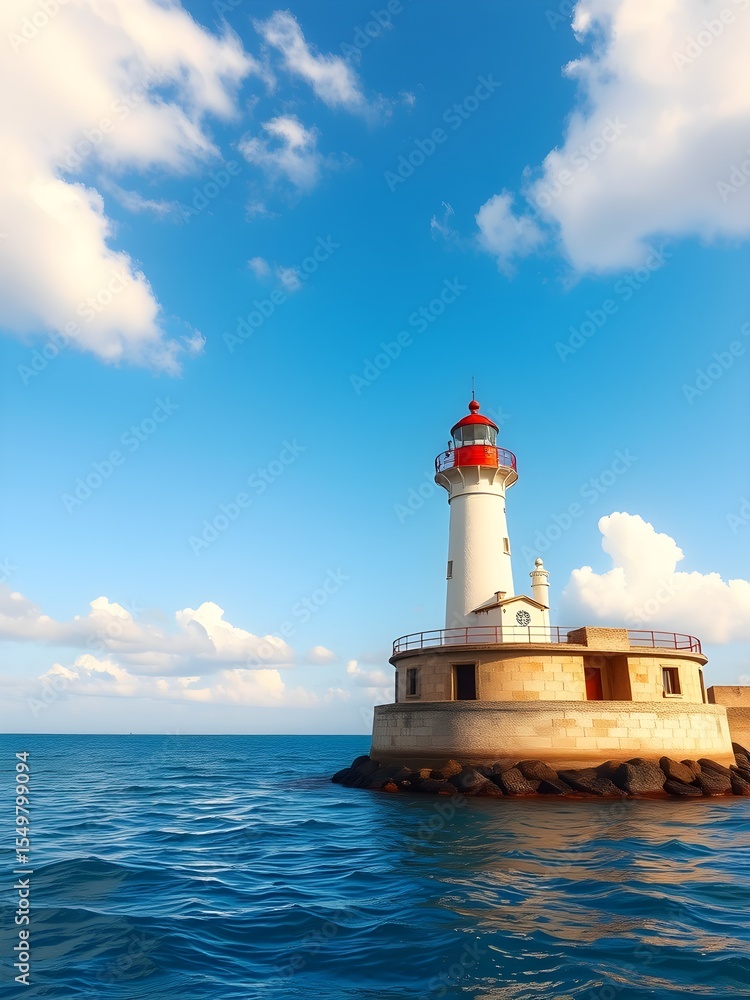 A charming white lighthouse stands on the rocky coastline surrounded by calm blue ocean waters and a vibrant sky filled with clouds, ideal for nautical themes. A charming white lighthouse stands on the rocky coastline surrounded by calm blue ocean waters and a vibrant sky filled with clouds, ideal for nautical themes.