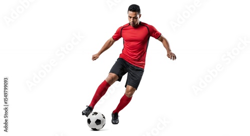 Soccer Player Dribbling Ball in Action on Isolated White Background