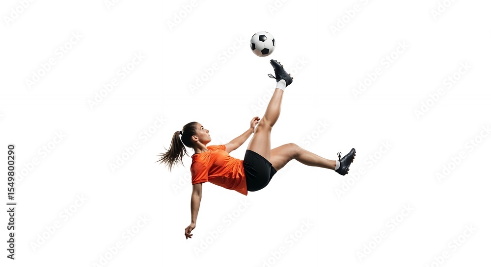 Woman Kicking Soccer Ball with Bicycle Kick, Athlete in Action Woman Kicking Soccer Ball with Bicycle Kick, Athlete in Action