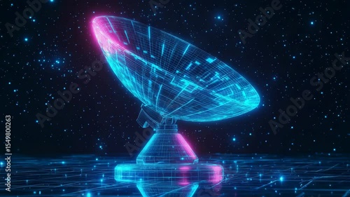 Futuristic rotating satellite dish against starry night sky with digital lines and neon glows