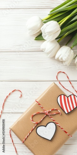 Simple Gift with Hearts and Fresh Tulips on Wooden Surface