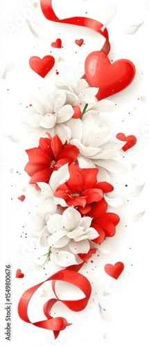 Romantic Floral Arrangement with Red Hearts and White Blooms
