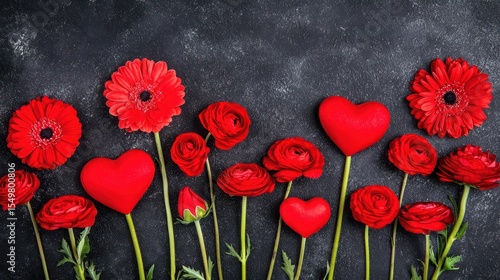 Red Flowers and Hearts on Dark Background for Romantic Occasion