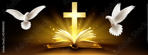 Christian shining golden cross and two doves are a symbol of the spirit on the background of an open book glowing with golden light