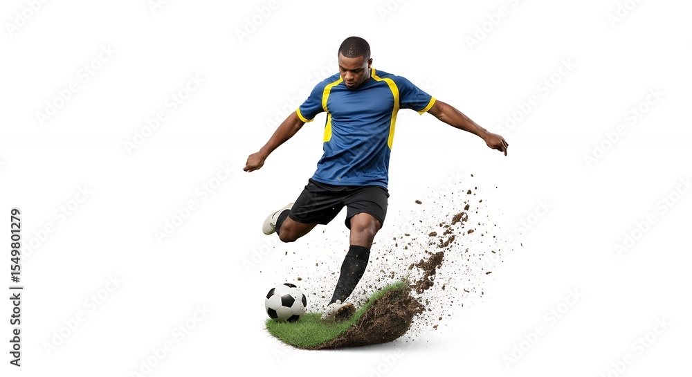 Naklejka premium Kicking Soccer Ball Action Shot on Grass with Flying Dirt