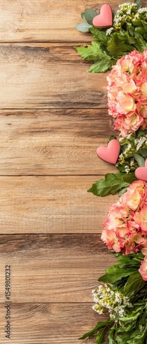 Romantic Floral Arrangement with Hearts on Wooden Background