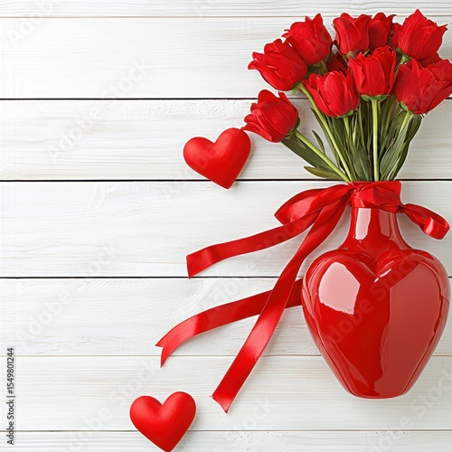 Romantic Floral Arrangement with Red Roses and Heart Decorations