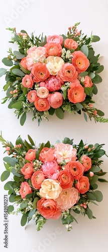 Colorful Floral Arrangements with Coral and Pink Flowers on White