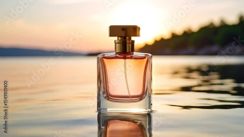 A golden perfume bottle sits on rippled water at sunset, reflecting the warm tones of the sky