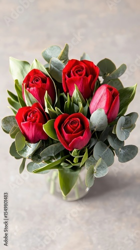 Red Roses Arrangement in Glass Vase with Green Leaves and Stems