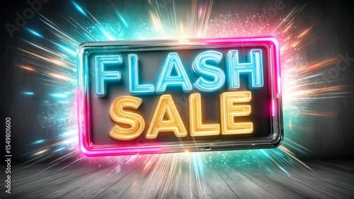 Neon flash sale sign with dynamic light bursts on wooden floor