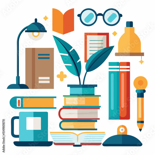 Collection of library and literature themed icons featuring a bookshelf and an open book