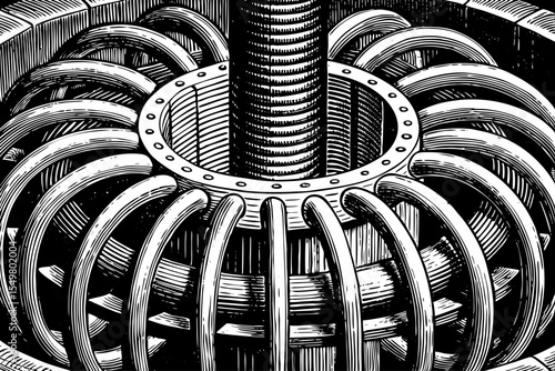 fusion reactor core surrounded by magnetic rings and plasma coils, a black and white sketch vector hand drawn