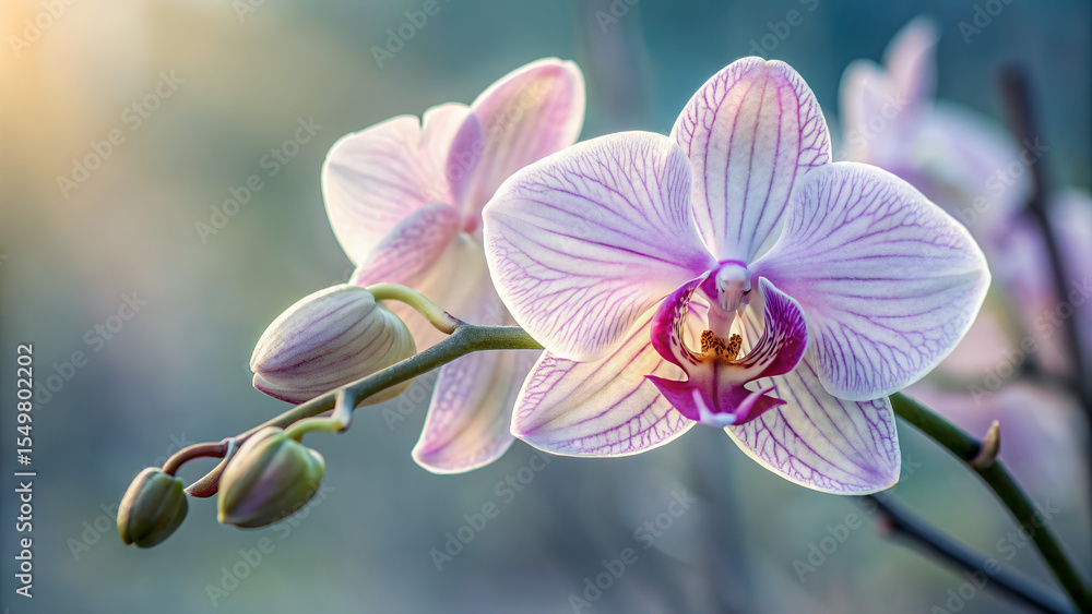 Obraz premium Elegant phalaenopsis orchid blooming with soft purple and white petals and buds
