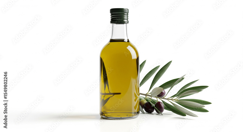 Glass bottle filled with golden olive oil and fresh olives on a branch isolated on white background Glass bottle filled with golden olive oil and fresh olives on a branch isolated on white background
