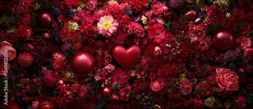 Vibrant Red Floral Arrangement with Heart Accents and Decorative Elements