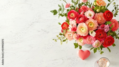 Vibrant Floral Arrangement with Heart and Drink on Marble Table