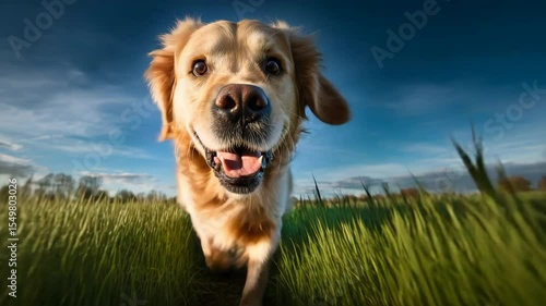 Joyful dog running through lush green field under clear blue sky at sunset