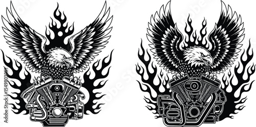 Eagle with Flames over Motorcycle Engine Art for Automotive Designs and Tattoo Ideas