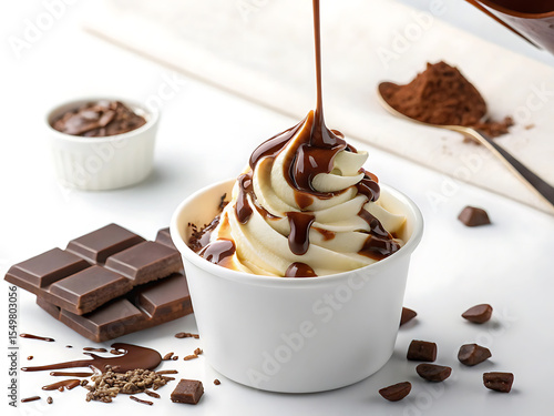 Chocolate Syrup Pouring Over Vanilla Ice Cream in a Cup