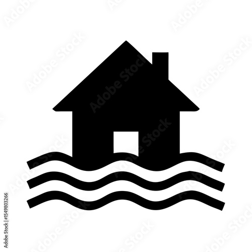 Flooded House Icon Vector | Black Flood Water Disaster Symbol | Home Underwater Silhouette Clipart | Natural Emergency Damage Illustration Outline