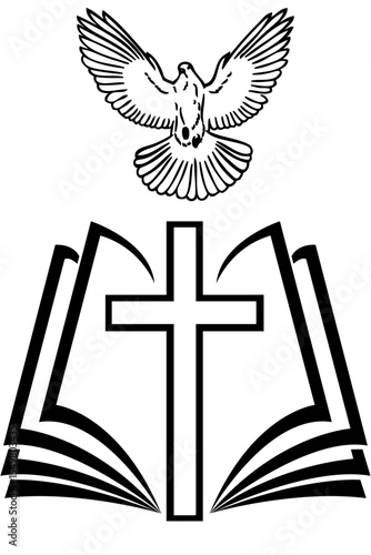 Christian cross and dove - symbol of the spirit on the background of an open book on a transparent background in black