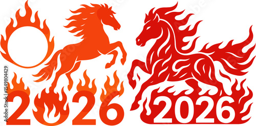 Vector illustration of fiery horse silhouettes with blazing manes, flaming numbers 2026 and flame ring, symbolising Chinese Fire Horse zodiac year, passion, energy and celebration.