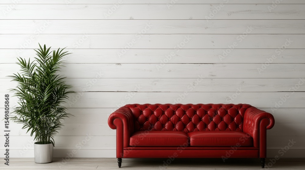 Obraz premium A chic red leather couch set against a rustic wooden wall, creating a modern yet warm ambiance, perfect for contemporary living spaces and stylish interior design.