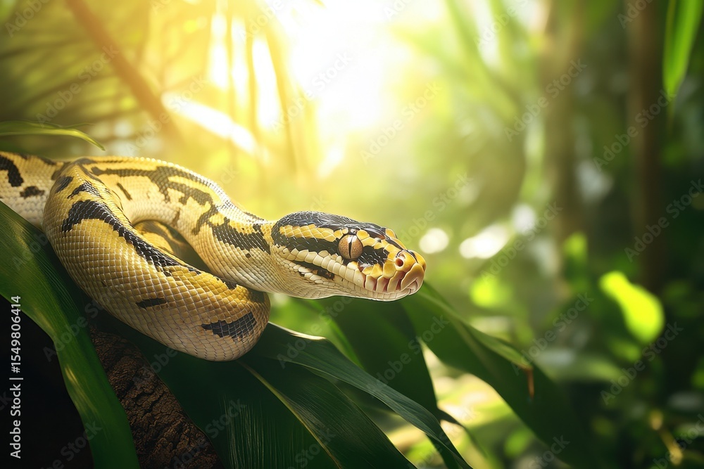 Naklejka premium Python Snake Gliding Through Fresh Green Foliage in Bright Light