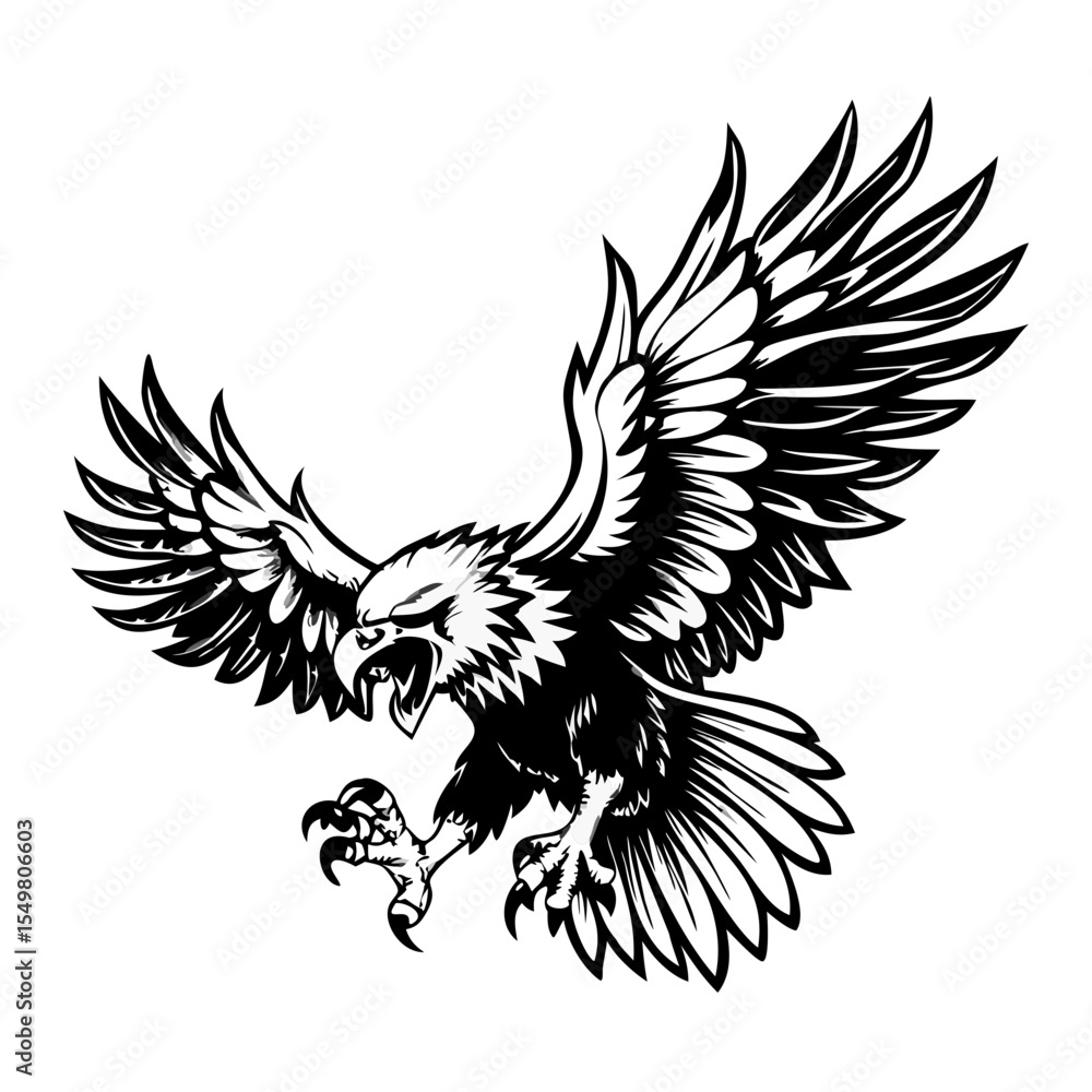 Obraz premium Fierce Eagle in Mid-Attack Pose – Black and White Vector Illustration of Wild Bird with Spread Wings and Talons | Symbol of Power, Freedom, and Strength